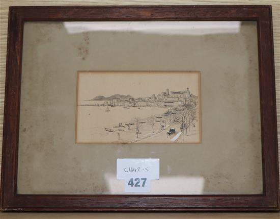 Ralph Caldecott, pen and ink, Cote dAzur frontispiece, initialled, 9 x 15cm